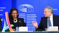 France's Sports Minister Laura Flessel (left) and European Parliament President Antonio Tajani address a press conference after a presentation of the Paris bid for the 2024 Olympics at the European Parliament in Brussels.