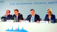 FROM LEFT: ECB Vice-President, Vitor Constancio, the Governor of Bank of Estonia, Ardo Hansson, the President of the ECB, Mario Draghi and ECB spokeswoman, Christine Graeff at a press conference after the Governing Council meeting in Tallinn, yesterday. 