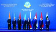 (from left) India's Prime Minister Narendra Modi, Uzbek President Shavkat Mirziyoyev, China's President Xi Jinping, Kazakh President Nursultan Nazarbayev, Russian President Vladimir Putin, Tajik President Emomali Rakhmon, Kyrgyz President Almazbek Atambay