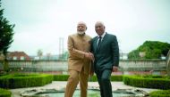Indian Prime Minister Narendra Modi (left) shakes hands with his Portuguese counterpart Antonio Costa at the Necessidades Palace in Lisbon, Portugal, yesterday.