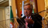 United Nations Secretary-General Antonio Guterres attends a news conference with Portugal's Foreign Affairs minister Augusto Santos (not pictured) at the Necessidades Palace in Lisbon, Portugal July 3, 2017. REUTERS/Rafael Marchante