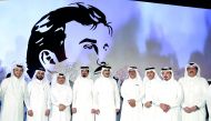 H E Sheikh Abdulrahman bin Hamad Al Thani (centre), CEO of Qatar Media Corporation; Abudallah Al Azba (fourth left), Editor In-chief of Al Arab; Sadiq Mohammad Al Amari (fourth right), Editor-in-Chief of Al Sharq; Dr. Khalid Al-Shafi (third right), Editor