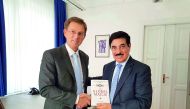Prime Minister of the Republic of Slovenia, Dr Miro Cerar, with Adviser at the Emiri Diwan and the State of Qatar's candidate for the Director-General post at the Unesco, H E Dr Hamad bin Abdulaziz Al Kawari who presented his vision and electoral programm