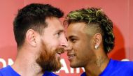 FC Barcelona players Lionel Messi and Neymar attend a news conference to announce the sponsorship deal between the team and Rakuten Inc. in Tokyo, Japan.