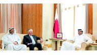Emir H H Sheikh Tamim bin Hamad Al Thani with the US Secretary of State, Rex Tillerson, and Kuwait's Minister of State for Cabinet Affairs and Acting Minister of Information, H E Sheikh Mohammed Al Abdullah Al Mubarak Al Sabah, at Al Bahr Palace, yesterda