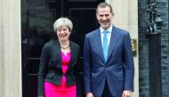 British Prime Minister Theresa May with King Felipe VI of Spain at 10 Downing Street in London, yesterday.