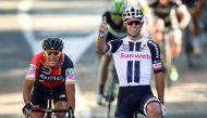 Australia's Michael Matthews celebrates as he crosses the finish line ahead of Belgium's Greg Van Avermaet at the end of the 181,5 km fourteenth stage of the 104th edition of the Tour de France cycling race yesterday between Blagnac and Rodez.