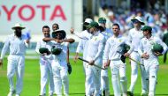 South Africa captain Faf du Plessis (centre) and South Africa’s players carry the stumps as they leave the field on the fourth day of the second Test match at Trent Bridge cricket ground in Nottingham, central England, yesterday.