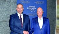 Minister of Economy and Commerce H E  Sheikh Ahmed bin Jassim bin Mohammed Al Thani with Professor Klaus Schwab, Founder and Executive Chairman of the World Economic Forum, in Geneva, yesterday.
