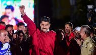 Venezuelan president Nicolas Maduro celebrates the results of 