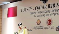 The Minister of Economy and Commerce, H E Sheikh Ahmed bin Jassim bin Mohammed Al Thani, at the Turkey-Qatar B2B meeting in the Turkish city of Izmir, yesterday.