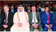 Minister of Economy and Commerce H E Sheikh Ahmed bin Jassim bin Mohammed Al Thani (second left) attending the Turkey-Qatar B2B meeting at the Swiss Hotel Grand Efes in Izm?r, Turkey, yesterday. Also seen are Turkish Economy Minister Nihat Zeybekci (secon