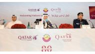 Qatar Airways Group Chief Executive Akbar Al Baker (centre) with Chief Tourism Development Officer of QTA, Hassan Al Ibrahim (left) and Lt. Col. Muhammad Rashid Al Mazroui, Director of the Airport Passports Department, at a press conference in Doha yester
