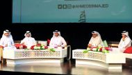 Qatari artist Ahmed bin Majed Al Maadheed (second left) Prominent Artist Nasser Al Mughaiseb (centre), Ghanem Al Sulaiti (second right) and other officials at the event. Pic: Kammutty VP / The Peninsula