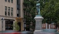 This file photo taken on August 14, 2017 shows a bronze statue, titled the Confederate Soldie viewed in downtown Alexandria, Virginia. (AFP / PAUL J. RICHARDS)