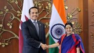 Qatari Foreign Minister H E Sheikh Mohamed bin Abdulrahman Al-Thani with Indian External Affairs Minister Sushma Swaraj in New Dlehi, India.