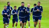 Scotland players during a training session ahead of the 2018 World Cup qualifying match at Bishopton, Britain on Monday.