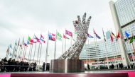 The unveiled sculpture of artist Ahmed Al Bahran is seen at the Vienna International Center. 