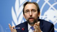 Zeid Ra'ad Al Hussein, U.N. High Commissioner for Human Rights gestures during a news conference at the United Nations Office in Geneva, Switzerland August 30, 2017. REUTERS/Denis Balibouse
