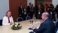 Foreign Affairs Minister of Turkey Mevlut Cavusoglu (R) meets with European Union High Representative Federica Mogherini (L) during the Bled Strategic Forum in Bled, Slovenia on September 4, 2017. (Cem Özdel / Anadolu Agency)