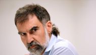 Omnium Cultural's president, Jordi Cuixart, gestures during a press conference in Madrid on September 5, 2017, to support the self determination referendum organized by the Catalonia's government for next October 1, in Barcelona. / AFP / GABRIEL BOUYS
