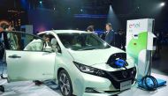 Nissan Motor’s Leaf displayed during the world premiere in  Chiba, Japan, yesterday. 