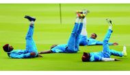 West Indies’ Kraigg Brathwaite (left) takes part in a training session at Lord’s cricket ground in London, yesterday, ahead of the third Test match against England which starts today.