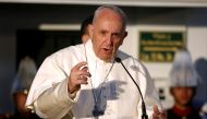 Pope Francis speaks upon arrival at the Nunciature in Bogota, on September 6, 2017.  AFP / JOHN VIZCAINO
