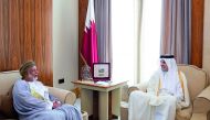 Emir H H Sheikh Tamim bin Hamad Al Thani with Minister Responsible for Foreign Affairs of the Sultanate of Oman, Yusuf bin Alawi bin Abdullah, at Al Bahr Palace, yesterday.