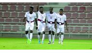 Al Markhiya’s  Mohammed Salah (second left) celebrates with team-mates after scoring his second goal against Al Sadd at Al Arabi Stadium yesterday. (Pictures: Kamutty VP/The Peninsula)