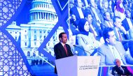 Foreign Minister H E Sheikh Mohammed bin Abdulrahman Al Thani addressing the US-Islamic World Forum in New York yesterday.