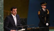 H H the Emir Sheikh Tamim bin Hamad Al-Thani, of Qatar, addresses the United Nations General Assembly, September 19, 2017 at the United Nations in New York (AFP / Don Emmert) 