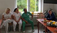 The leader of ANO party Andrej Babis speaks to the medical staff of a hospital in the town of Varnsdorf, Czech Republic, September 21, 2017. Reuters/Robert Muller