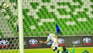 Al Sadd’s Jugurtha Hamroun scores their second goal against Al Sailiya during their QNB Stars League match at Al Ahli Stadium yesterday. Picture: Kamutty VP / The Peninsula