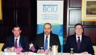Minister of Economy and Commerce H E Sheikh Ahmed bin Jassim bin Mohammed Al Thani (centre), attending a session organised by the Business Council for International Understanding at Harvard Club in New York, yesterday.