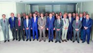Sheikh Dr. Khalid bin Thani Al Thani, Vice-Chairman of the Board of Directors of Dar Al-Sharq Group, with other officials during the agreement signing ceremony. 