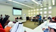 Executive-Director of QatarDebate Center, Dr. Hayat Abdullah Al Maarafi, and Director of the Legal and Judicial Studies Center, Fatima Abdulaziz Bilal at a press conference.