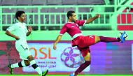 Mahmoud Mohamed of Al Markhiya aims a shot at Al Sadd goal during their QSL Cup match at Al Duhail Stadium yesterday. 