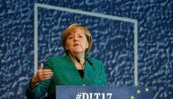 German Chancellor Angela Merkel addresses a meeting of her conservative CDU's youth organization, the Junge Union (Young Union), in Dresden, Germany, October 7, 2017. REUTERS/Matthias Rietschel
