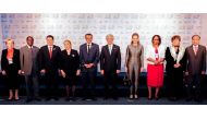 (L to R) Russian Health Minister Veronika Skvortsova, Zimbabwean President Robert Mugabe, Paraguayan President Horacio Cartes, Chilean President Michelle Bachelet, World Health Organisation (WHO) Director-General Tedros Adhanom Ghebreyesus, Uruguayan Pres