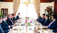 Foreign Minister H E Sheikh Mohammed bin Abdulrahman Al Thani and his Turkish counterpart Mevlut Cavusoglu during the third session of the Supreme Strategic Committee at the ministerial level between Qatar and Turkey, in Ankara yesterday.