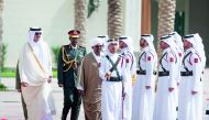 Emir H H Sheikh Tamim bin Hamad Al Thani with the President of the Republic of Sudan, Field Marshal Omar Hassan Al Bashir, during a reception at the Emiri Diwan, yesterday.
