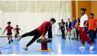 Team Qatar Gymnasts Duha and Abdulla demonstrating skills for the young students during the launched of the first stage of Kun Riyadi (‘Be an Athlete’), Qatar’s unique Athlete Development Pathway that aims to produce Qatari sporting champions.