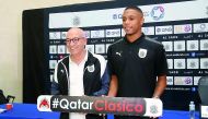 Al Sadd coach Jesualdo Ferreira (left) and midfielder Miguel Pedro before a press conference yesterday. 