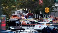 A Home Depot truck which struck down multiple people on a bike path, killing several and injuring numerous others, is seen as New York city first responders are at the crime scene in lower Manhattan in New York, NY, U.S., October 31, 2017. REUTERS/Brendan