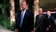 An image of US President Donald Trump at the 12th East Asia Summit in Manila, Philippines November 14, 2017. Seen next to Trump are US National Security Advisor H.R. McMaster (R) and U.S. Secretary of State Rex Tillerson (C). REUTERS/Jonathan Ernst 