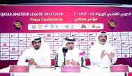 Vice Chairman of the Sub-Leagues Committee, Ibrahim Shaheen Al Sualiti (centre) and members of the Qatar Football Association (QFA) Sub-Leagues Committee, Yousef Al Suqairi  (left) and Khalid Al Rumaihi addressing the gathering during a press conference h