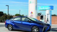 Toyota Mirai, hydrogen powered vehicle, being refuelled.