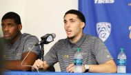 A file photo of LiAngelo Ball and Cody Riley (L) of the UCLA Men's Baskeball team speaking to the media during a press conference at Pauley Pavilion in Los Angeles, California. / AFP / GETTY IMAGES NORTH AMERICA / Josh Lefkowitz