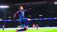 Paris Saint-Germain’s  Brazilian striker Neymar  celebrates after scoring his second  goal against Glasgow Celtic during their UEFA Champions League Group B football match played at Parc des Princes Stadium in Paris